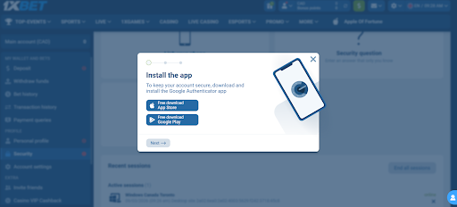 Interface do aplicativo 1xbet mostrando opções de login e apostas