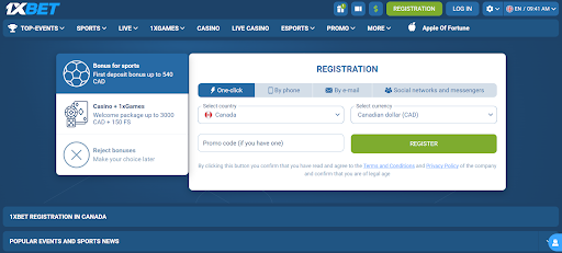 1xbet one click registration