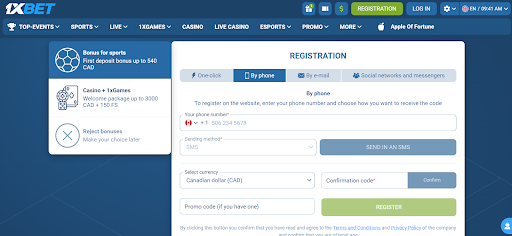 1xbet Canada registration