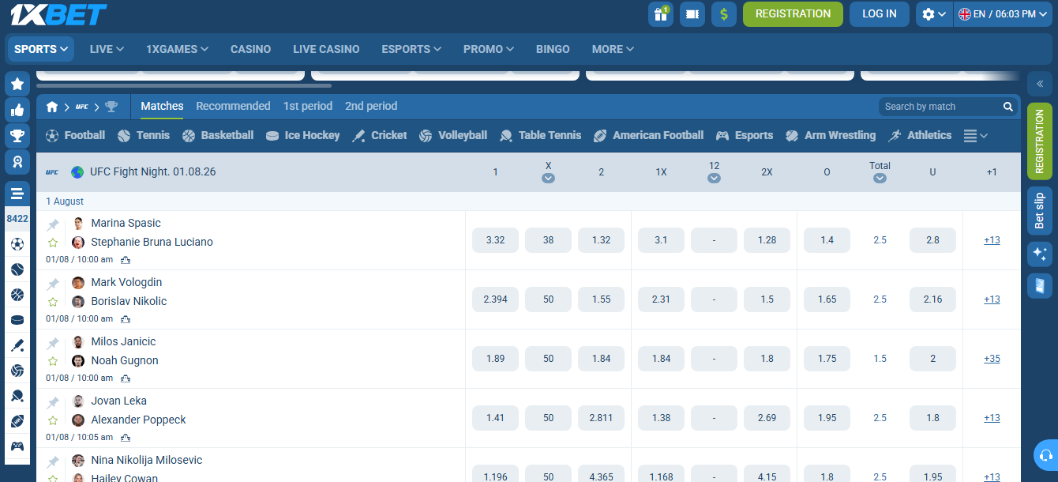 1xBet UFC betting platform for Canadian users