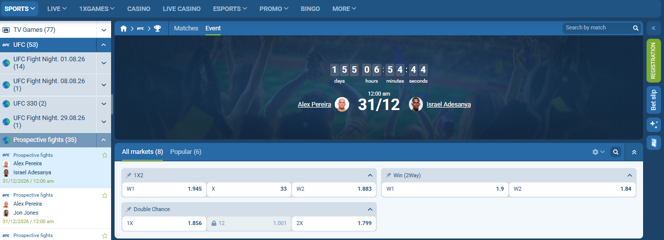 Online UFC betting at 1xBet CA
