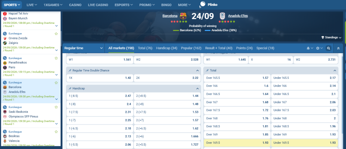 1xBet basketball betting - pre-match odds