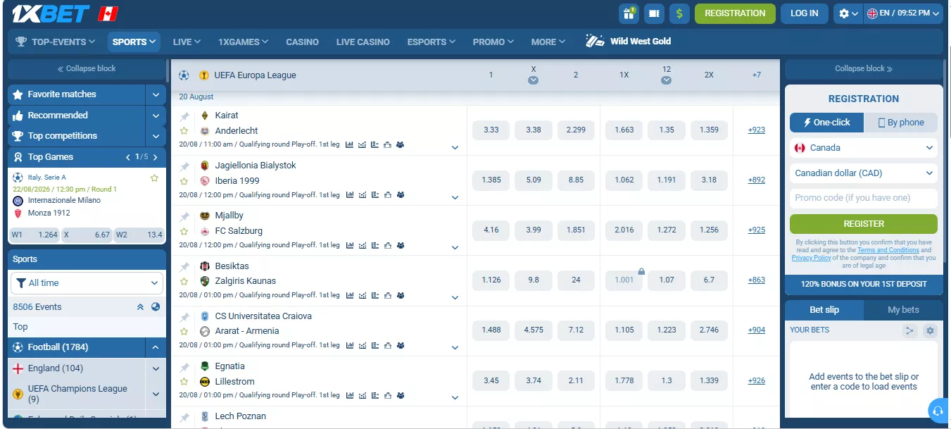 UEFA Europa League Betting - 1xBet CA