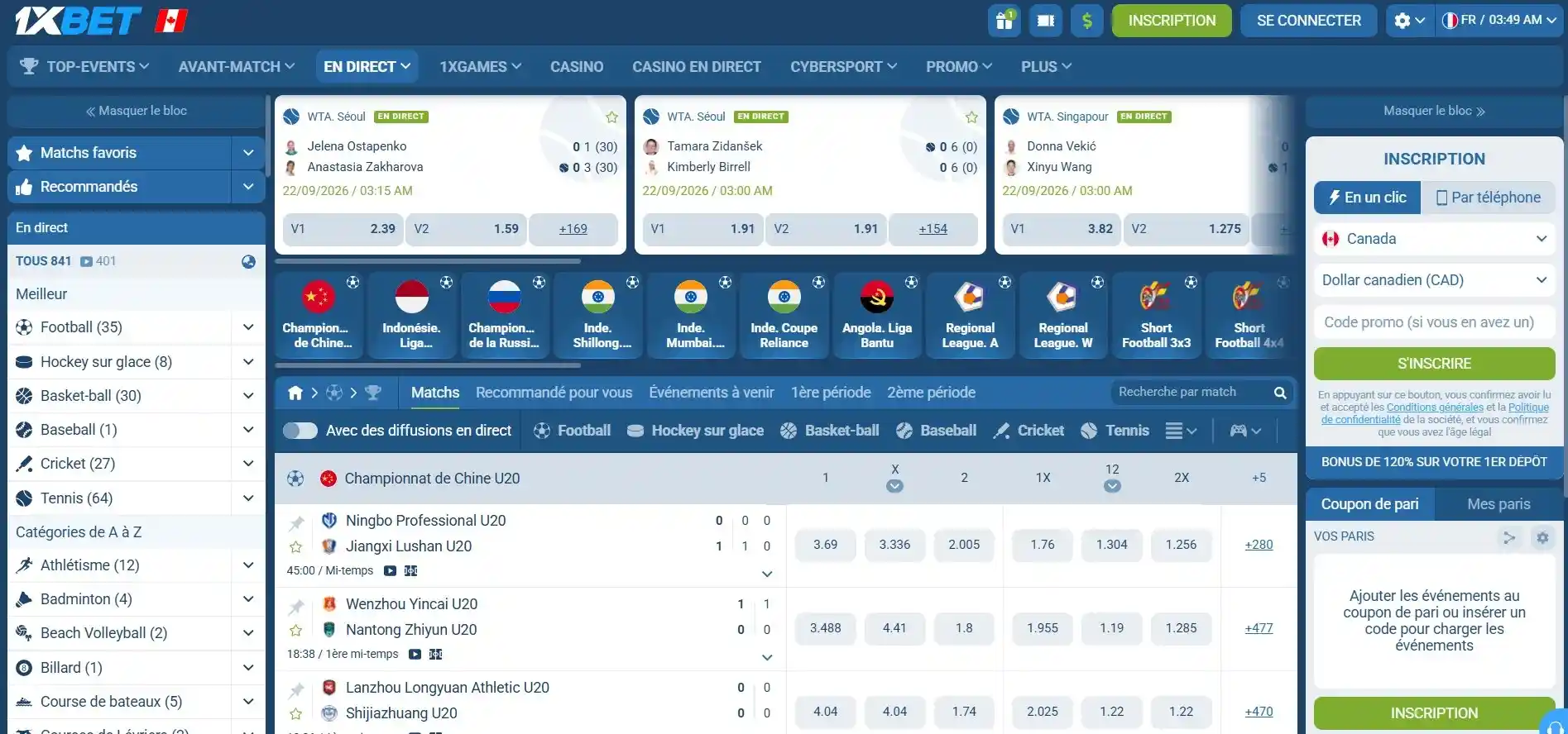 Paris sportifs en direct sur 1xBet au Canada