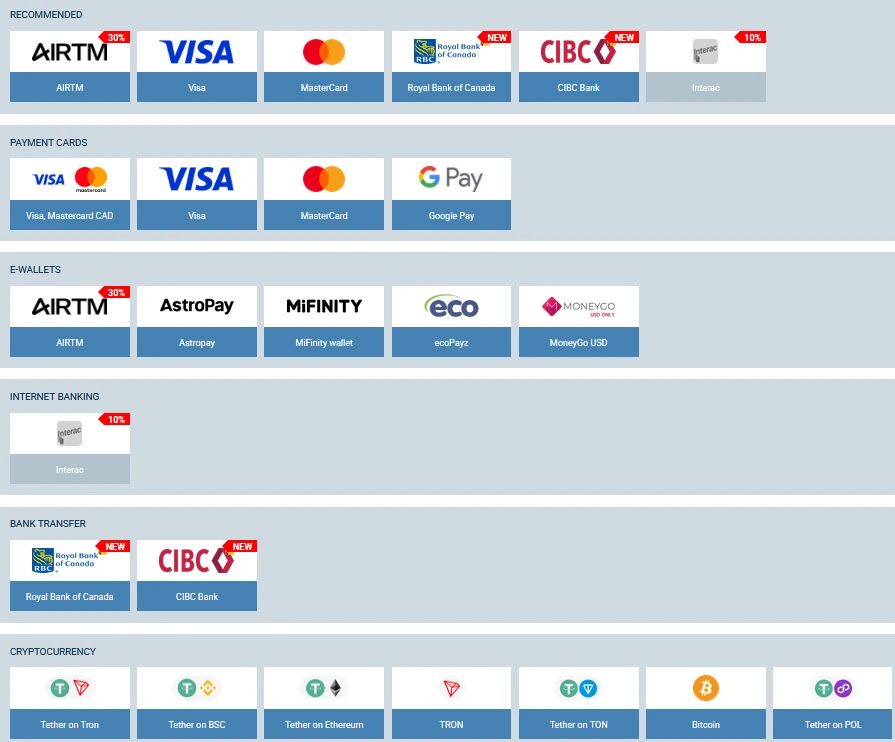 payment methods at 1xBet